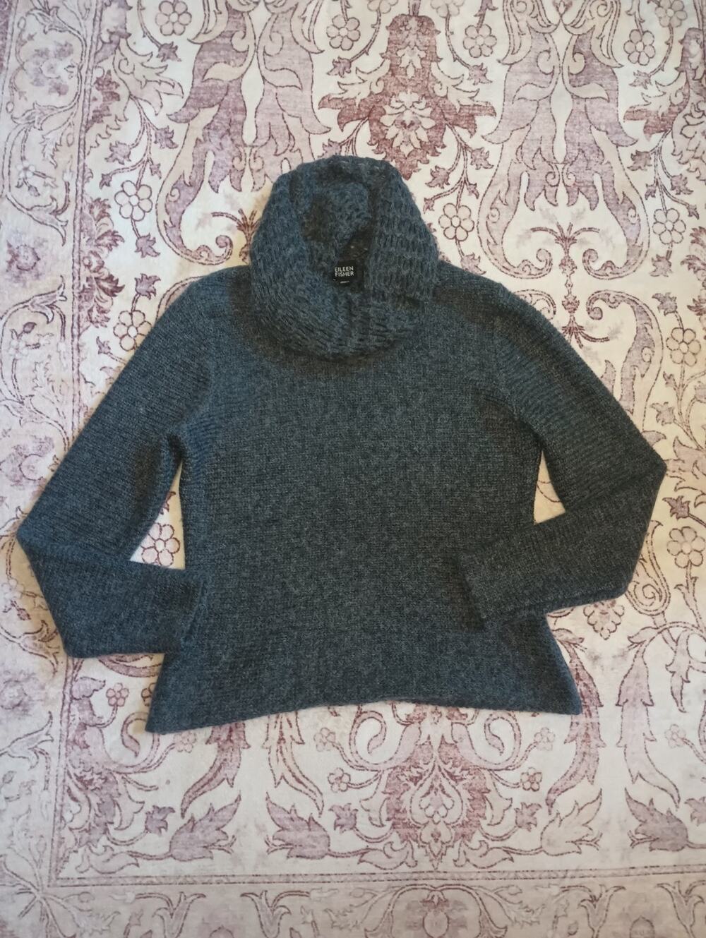 Eileen Fisher Womens Funnel Neck Mohair Wool Crochet Sweater S Gray Cozy Capsule